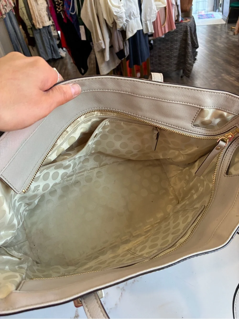 kate spade Taupe/light gray Saffiano Tote with Gold Logo